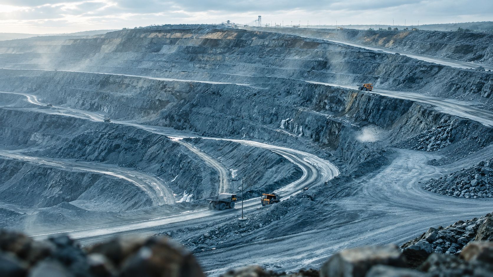 Terraced open-pit mine with haul trucks on the benches