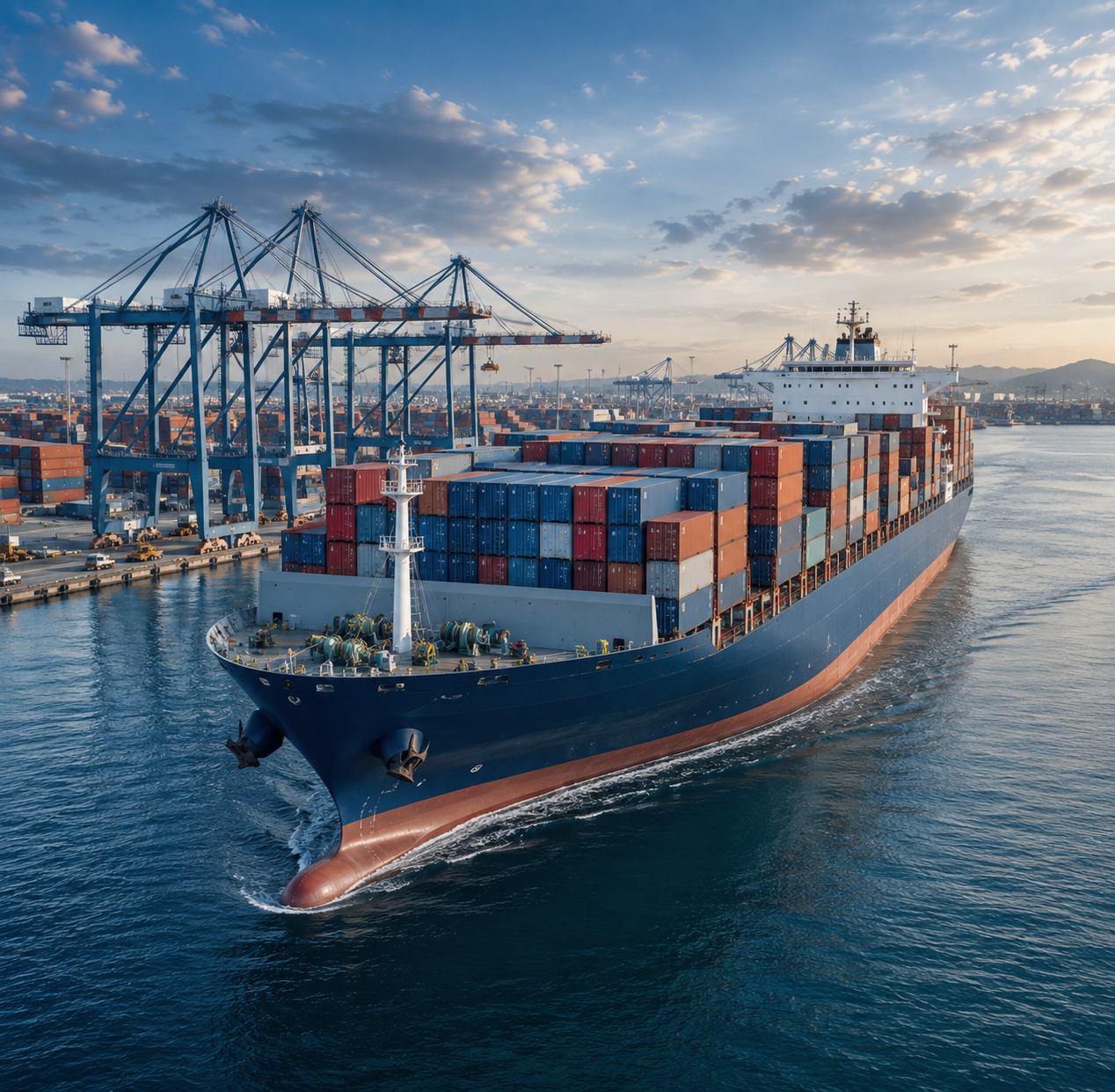 Container ship and port cranes