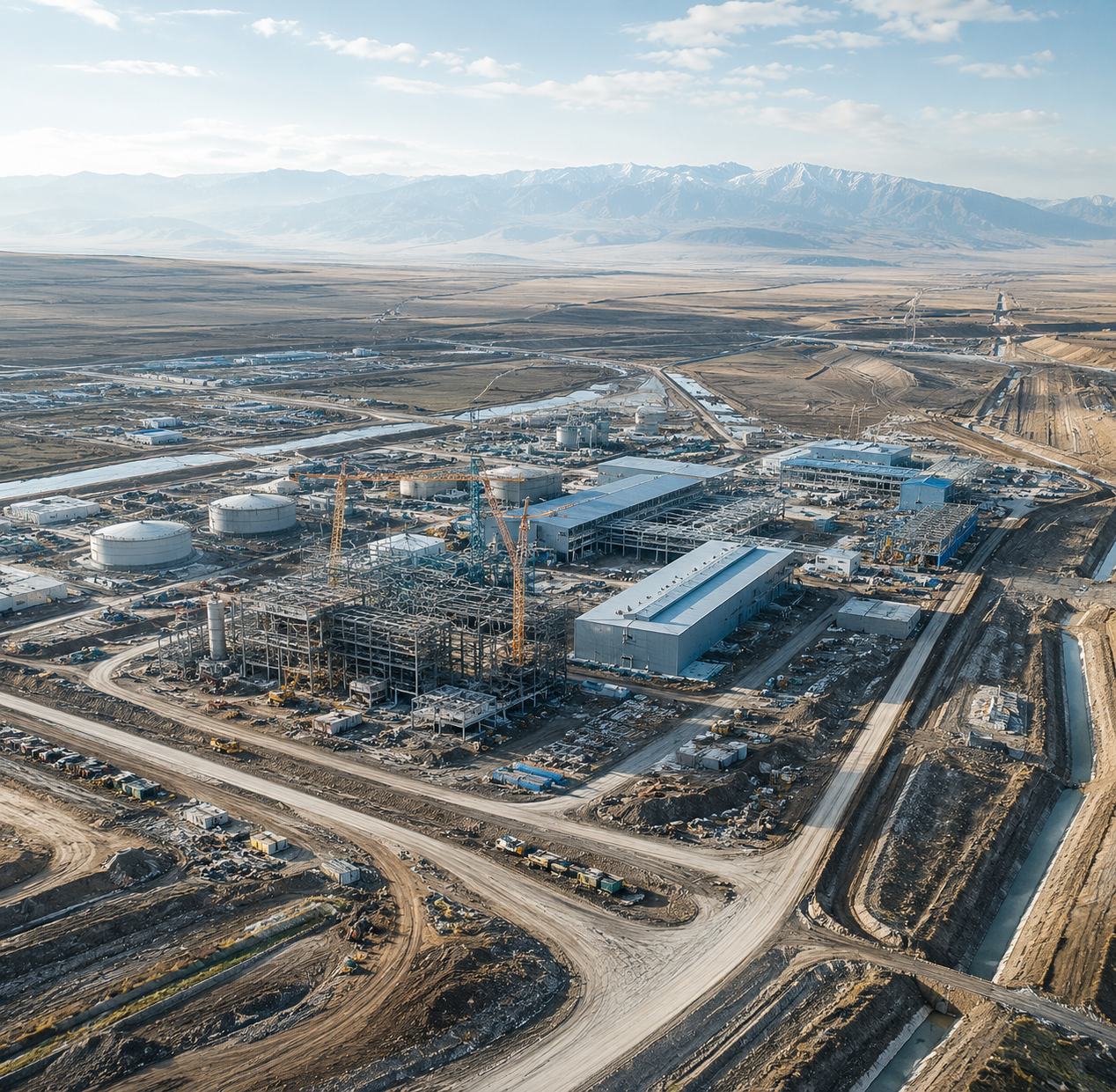 Aerial view of a large industrial construction site on open plains with mountains behind