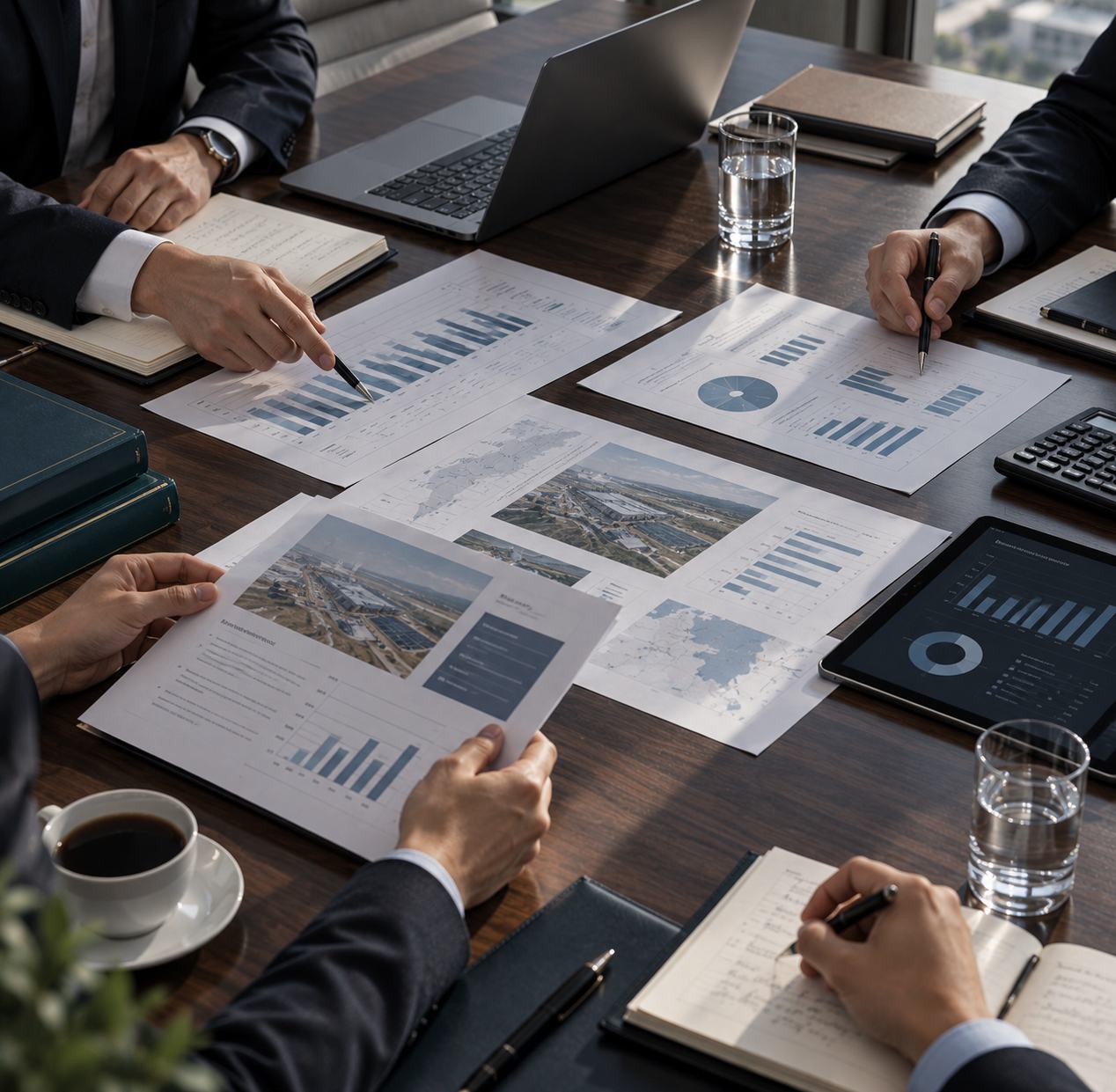 People in business suits reviewing printed financial charts, maps and site photos around a conference table