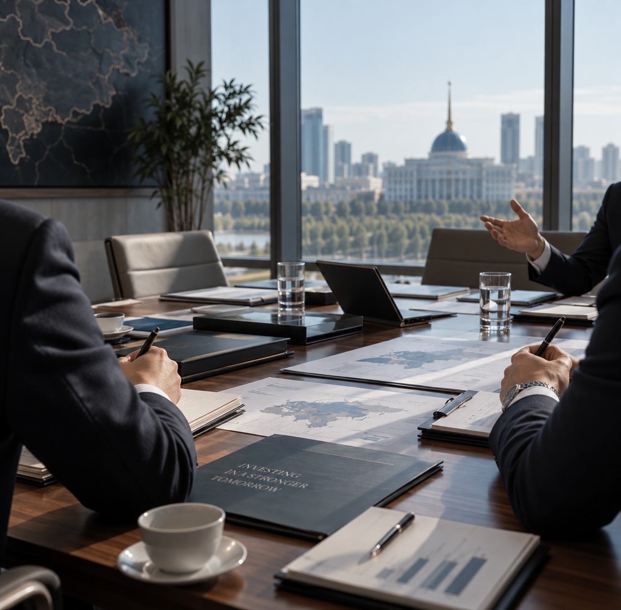 Boardroom table with the Astana skyline through the window